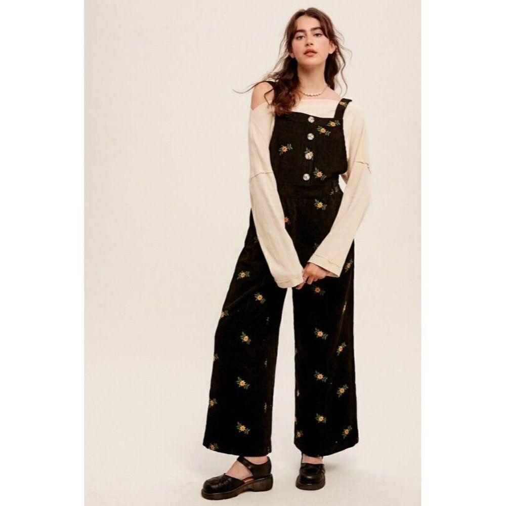 Listicle Black Corduroy Wide Leg Jumpsuit Overalls with Floral Detail S-L LRP029